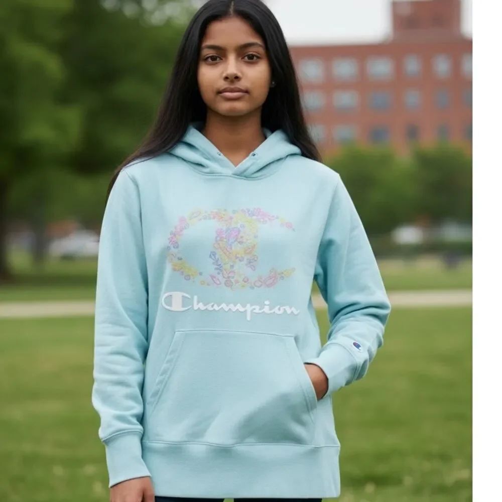 CHAMPION Girls Pastel Green Long Sleeve Hoodie w/Spring Graphics - Size: M